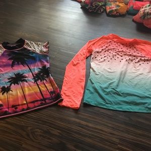 Watermelon long sleeve rash guard and tropical scene short sleeve rash guard